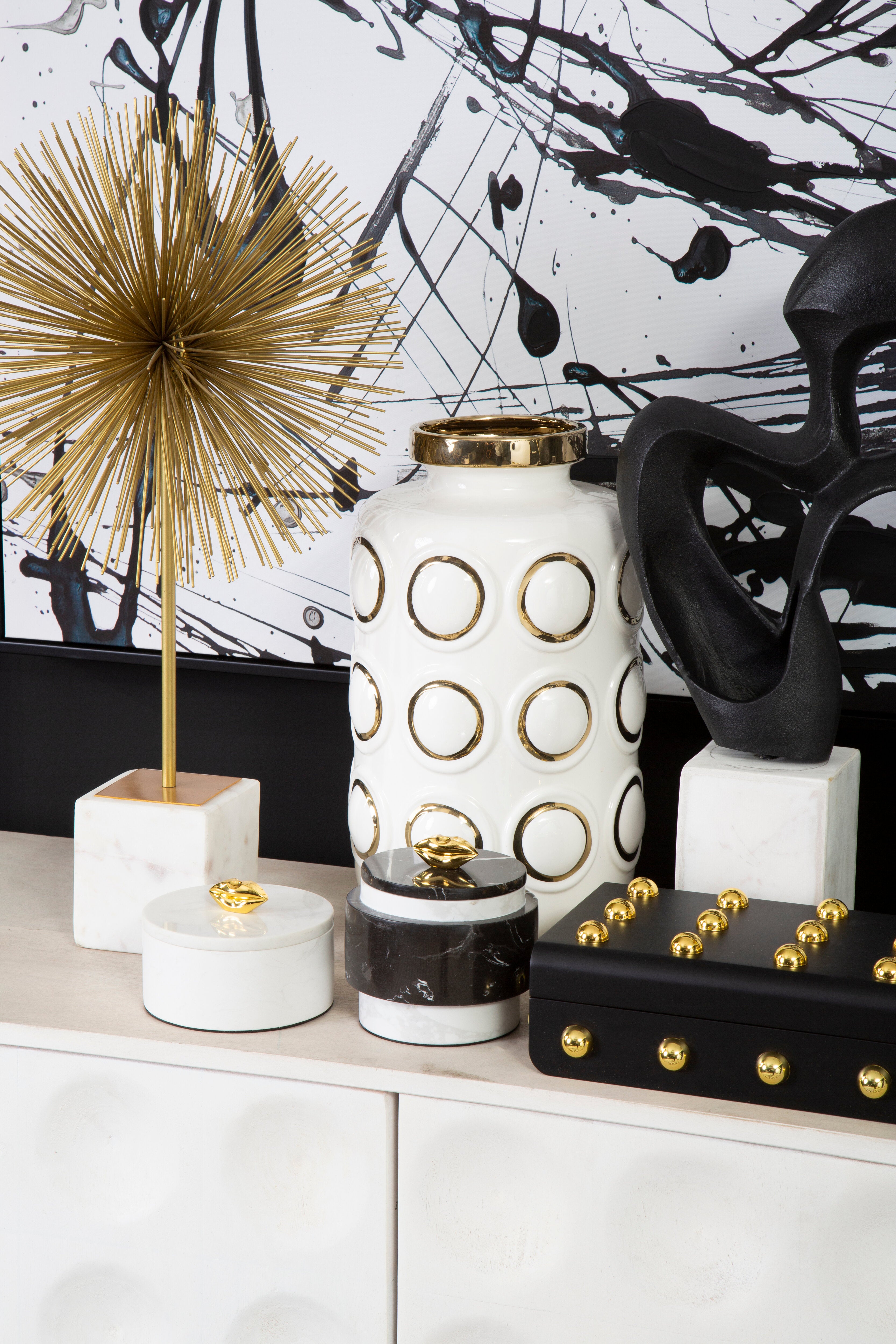 Torello White & Gold Embossed Rings Ceramic Vase | Large